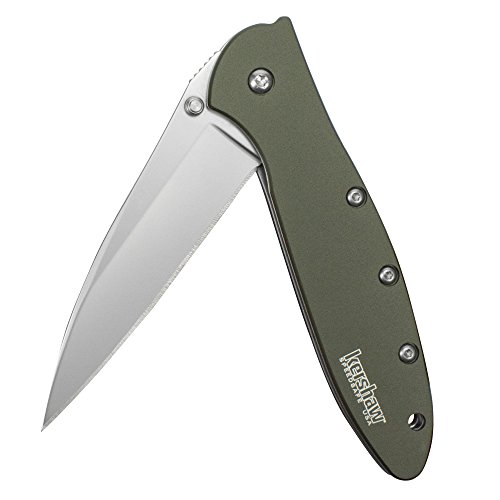 Kershaw Leek Pocket Knife, Olive Drab (1660OL) 3 Bead-Blasted Sandvik 14C28N Steel Blade, Olive Drab Anodized Aluminum Handle with SpeedSafe Assisted Opening, Liner Lock, Tip-Lock Slider; 2.4 OZ.