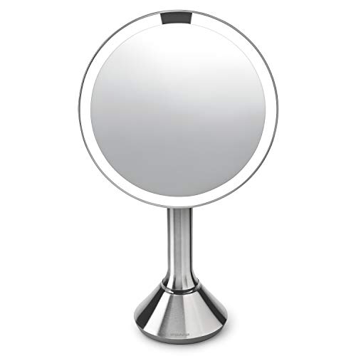 simplehuman Sensor Lighted Makeup Vanity Mirror 8" Round, 5X Magnification, Stainless Steel, Rechargeable and Cordless