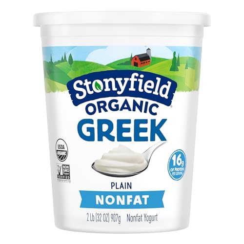 Stonyfield Organic Greek Nonfat Yogurt, Plain, 32 oz. – High in Protein (16g), 0% Fat; Multiserving Yogurt Snack & Cooking Substitute
