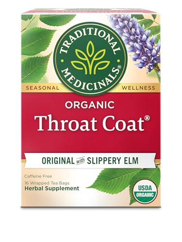 Traditional Medicinals Organic, Throat Coat Tea, Original with Slippery Elm - Supports Throat Health - Kosher, Non-GMO, Caffeine-Free, Compostable - 16 Tea Bags