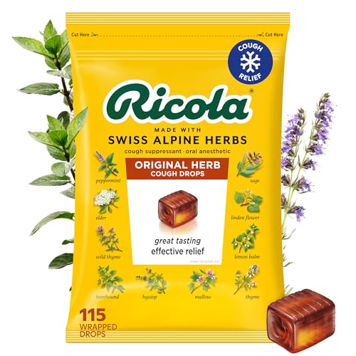 Ricola Original Herb Cough Drops, 115 Count, Cough Suppressant & Throat Relieving Drops with Naturally Sourced Menthol, Pleasing Herbal Taste for Coughs & Throat Irritation Symptom Relief