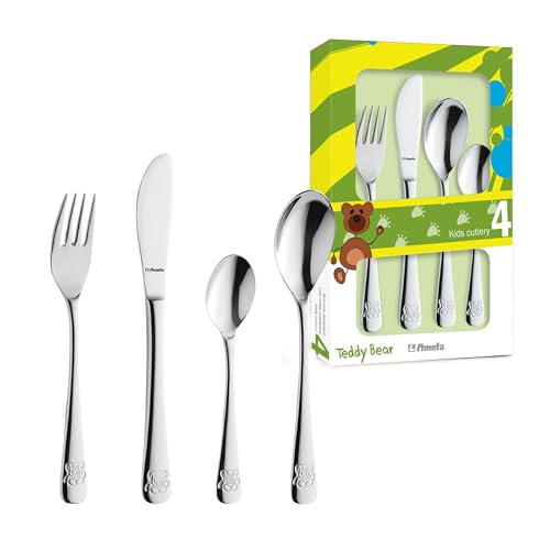 Amefa 43100G0006A40 Child's Cutlery 4-Piece in Gift Packaging Teddy Bear Design 18/10 Polished Stainless Steel