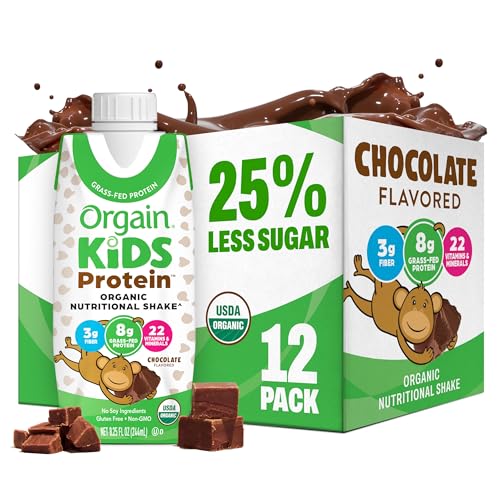 Orgain Organic Kids Protein Nutritional Shake, Chocolate - 8g of Protein, 22 Vitamins & Minerals, Fruits & Vegetables, Gluten Free, Soy Free, Non-GMO, 8.25 Fl Oz (Pack of 12)