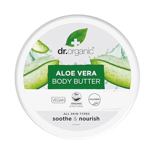 Dr Organic Aloe Vera Body Butter, Soothing, Moisturising, All Skin Types, Natural, Vegan, Cruelty-Free, Paraben & SLS-Free, Organic, 200ml, Packaging may vary