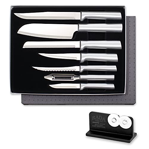 Rada Cutlery 7-piece Starter Knife Gift Set with Quick Edge Sharpener, Silver Handles
