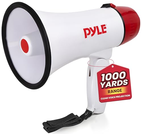 Pyle 20W Megaphone Bullhorn - 5.4'' x 8.6'' Portable Megaphone, Projection Range Up to 800 Sq. Yards, Voice Talking & Siren Alert, Shoulder Strap, Battery Operated, (White)