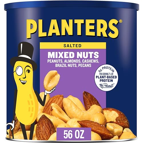 PLANTERS Salted Mixed Nuts, Peanuts, Almonds, Cashews, Brazil Nuts and Pecans, Party Snack, Plant-Based Protein, Quick Snack for Adults, After School Snack, Bulk Nuts, Kosher, 56oz Canister