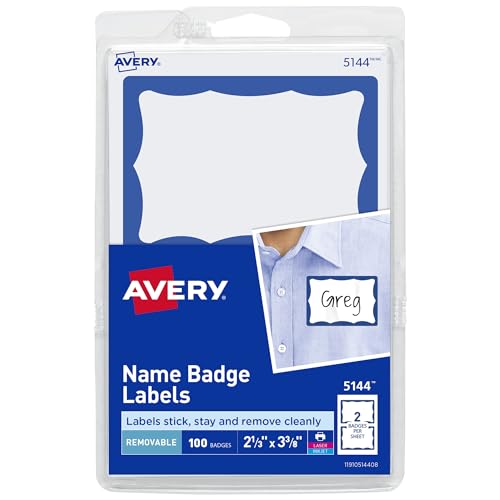 Avery Customizable Name Tags, 2-1/3" x 3-3/8", White with Blue Border, 100 Removable Name Badges (05144)