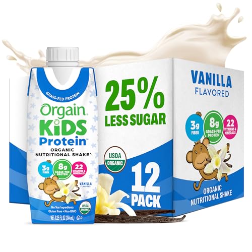 Orgain Organic Kids Protein Nutritional Shake, Vanilla - 8g of Protein, 22 Vitamins & Minerals, Fruits & Vegetables, Gluten Free, Soy Free, Non-GMO, 8.25 Oz, 12 Ct (Packaging May Vary)