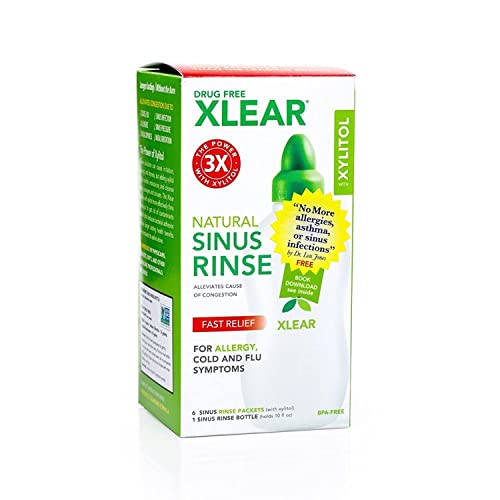 Xlear Natural Xylitol Nasal Irrigation System with 6 Saline Packets and 1 Sinus Rinse Bottle - Nose Cleaner for Fast Pressure and Congestion Relief (Pack of 1)