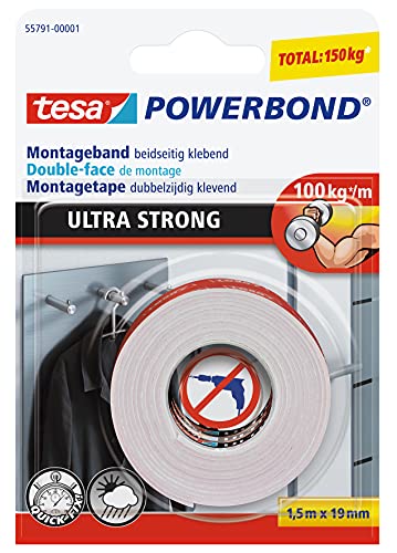 (-36%) tesa Powerbond ultra strong Montageband - doppelseitiges, extra starkes Klebeband zur permanenten Befestigung im Außen- und Innenbereich - 1,5 m