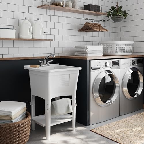 Zenna Home Utility Sink for Laundry Room and Garage, Freestanding Laundry Sink for Garage or Kitchen, Indoor & Outdoor Utility Tub with Pull-Out Faucet, Towel Bar, 24" W x 24" D x 36.75" H, White