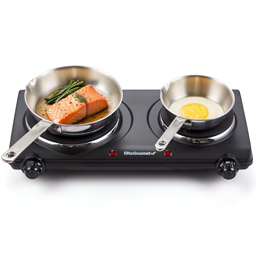 Elite Gourmet EDB-302BF Countertop Double Cast Iron Burner, 1500 Watts Electric Hot Plate, Temperature Controls, Power Indicator Lights, Easy to Clean, Black