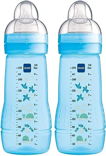 MAM Easy Active Bottles | 2 Pack (2 x 270ml) | Medium Flow MAM Teats Size 2 | Baby Accessories | Blue (Various Designs)