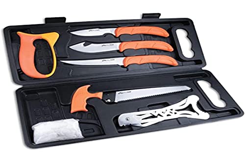 OUTDOOR EDGE WildPak, 8-Piece Field to Freezer Hunting & Game Processing Knife Set with Caping Knife, Gut-Hook Skinner, Boning/Fillet Knife, Wood/Bone Saw, Spreader, Gloves, and Hard-Side Carry Case