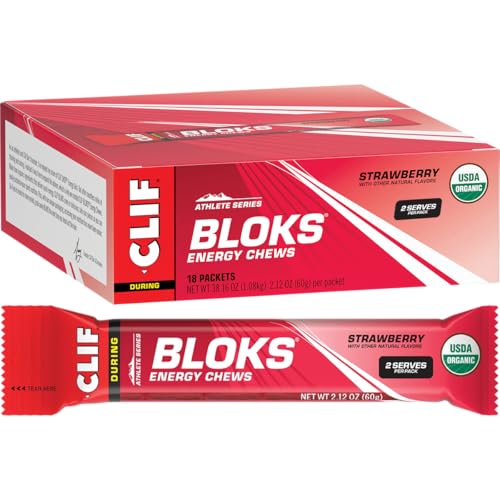 CLIF BLOKS - Strawberry Flavor - Energy Chews - Non-GMO - Plant Based - Fast Fuel for Cycling and Running - Quick Carbohydrates and Electrolytes - 2.12 oz. (18 Count)