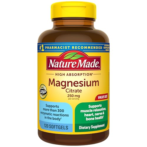 Nature Made Magnesium Citrate 250 mg per serving, Magnesium Supplements for Men and Women, Support for Muscle, Nerve, Bone and Heart, 120 Softgels, 60 Day Supply