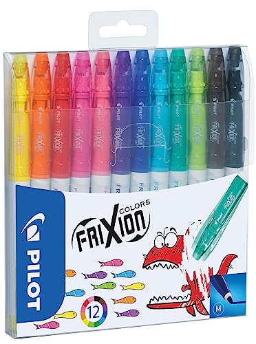 Pilot - 12 FriXion Colors - Feutres de Dessin et de Coloriage à Encre Thermosensible Effaçable - Ultra lavable - Couleurs assorties - Pointe Moyenne Conique