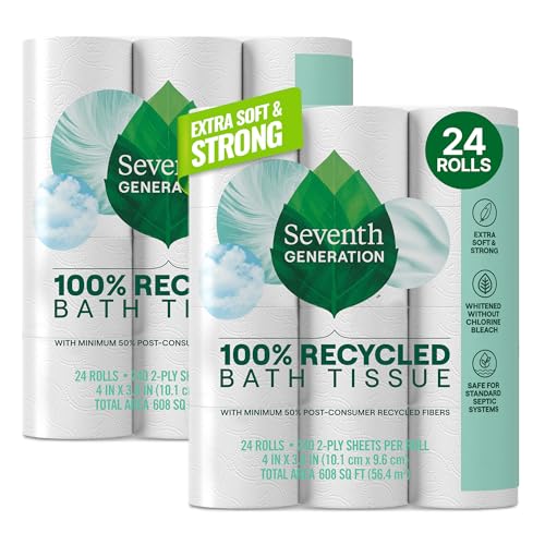 Seventh Generation Toilet Paper White Bathroom Tissue 2-ply 100% Recycled Paper without Chlorine Bleach 24 count, Pack of 2