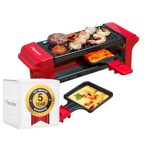 🔥 STARKER PREIS (-35%) Bestron Raclette für 1 bis 2 Personen, Mini Tischgrill mit zwei Pfännchen und zwei Holzschabern, 350 Watt, Farbe: Rot/Schwarz