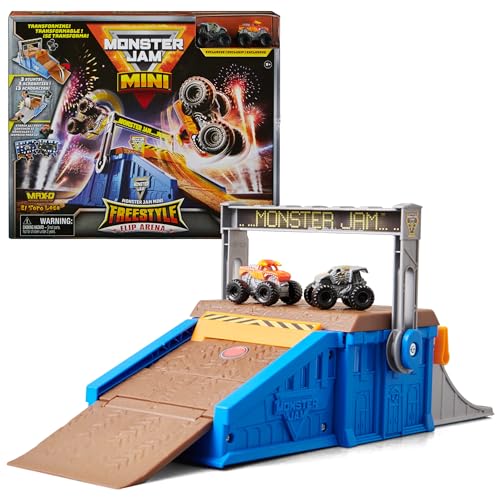 Monster Jam Mini Freestyle Flip Arena Playset and Storage with 2 Mini Trucks, Kids Toys for Boys and Girls Ages 3 and up