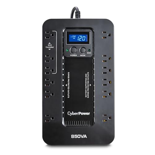 CyberPowerEC850LCD Ecologic UPS Battery Backup and Surge Protector, 850VA/510W, 12 Outlets, ECO Mode, Compact, UL Certi