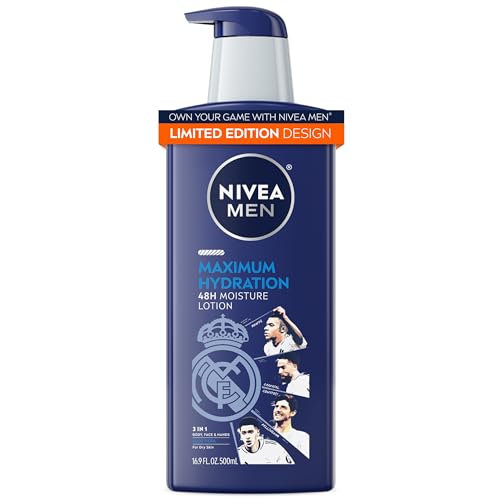 NIVEA MEN Maximum Hydration 48-Hour Moisture Body Lotion for Dry Skin, Aloe Vera Lotion for Men, 3-in-1 Body, Face and Hands, Dermatologically-Tested, 16.9 Fl Oz Bottle