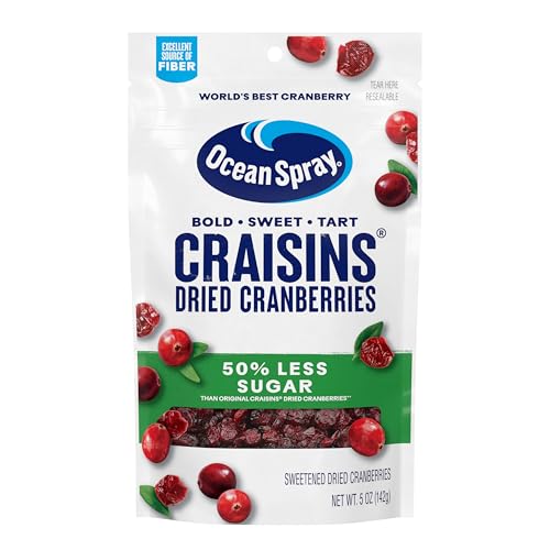 Ocean Spray® Craisins®, 50% Less Sugar Dried Cranberries, Dried Fruit, 5 Oz Pouches, 12 Count