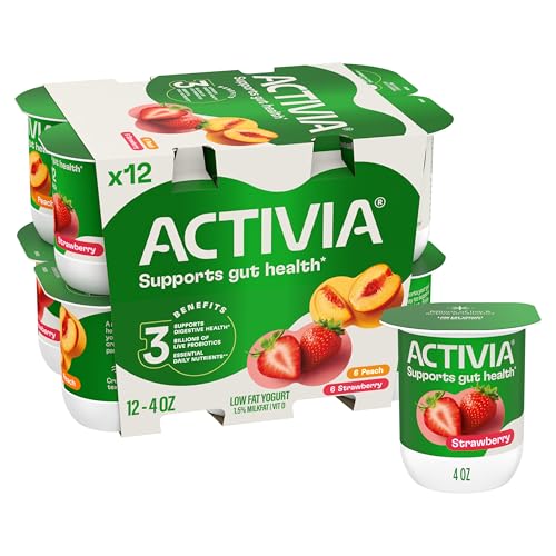 Activia Peach and Strawberry Probiotic Yogurt, Delicious Low Fat Yogurt Cups to Help Support Gut Health, Variety Pack, 4 oz, 12 Count