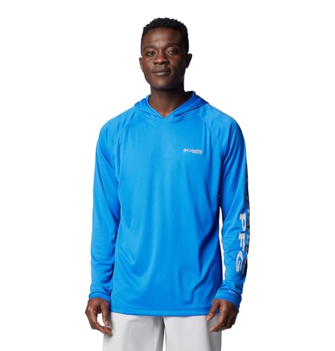 Columbia Mens PFG Terminal Tackle Long Sleeve Fishing Hoodie, Vivid Blue/Cool Grey Logo, Medium