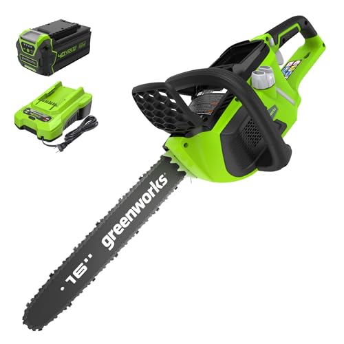 Greenworks 40V 16" Brushless Cordless Chainsaw, 4.0Ah Battery + Charger