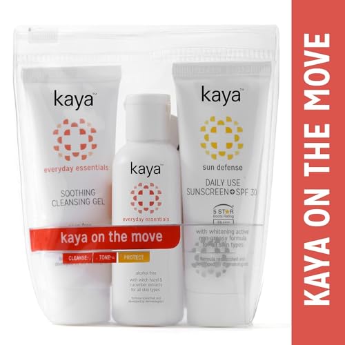 Kaya Clinic On The Move Kit 3 Step Routine, Travel Friendly Kit, Contains Cleansing Gel + Alcohol Free Toner + Sunscreen SPF30, 75ml