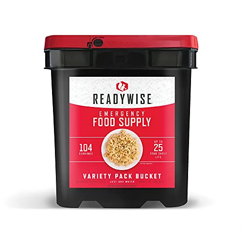 ReadyWise Emergency Food Supply - 104 Servings Variety Pack Bucket, Protein Meals, Dehydrated & Freeze Dried Food for Backpacking, Camping Essentials & Prepping Supplies, up to 25 Year Shelf Life