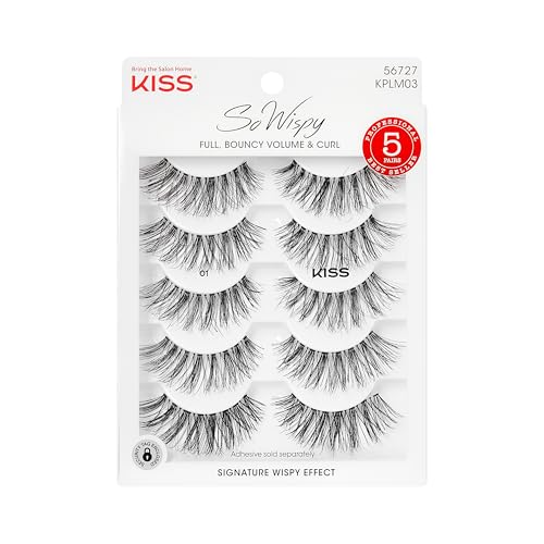 KISS So Wispy, False Eyelashes, 'Style #01', 14 mm, Includes 5 Pairs Of Lashes, Contact Lens Friendly, Easy to Apply, Reusable Strip Lashes, Multipack