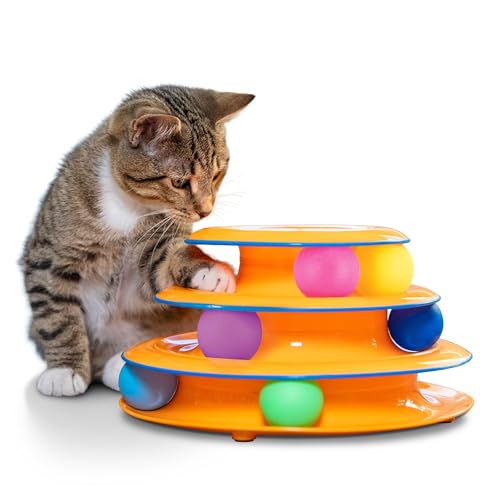 Catstages Tower of Tracks – 3-Level Interactive Cat Toy with 6 Spinning Balls, Non-Slip Base, Ideal for Indoor Cats, Orange