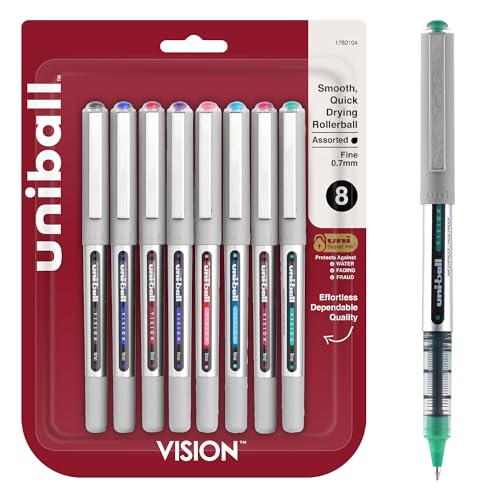 uniball™ Vision Rollerball Pens, Fine Point (0.7mm), Assorted Colors, 8 Pack