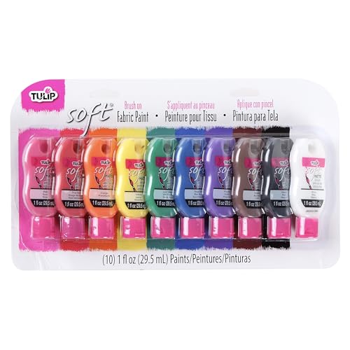 Tulip Soft Fabric Paint, Permanent Fabric Paint for Clothes, Rainbow Colors, 10 Pack, 1 fl oz bottles, Matte Finish Stays Flexible After Washing