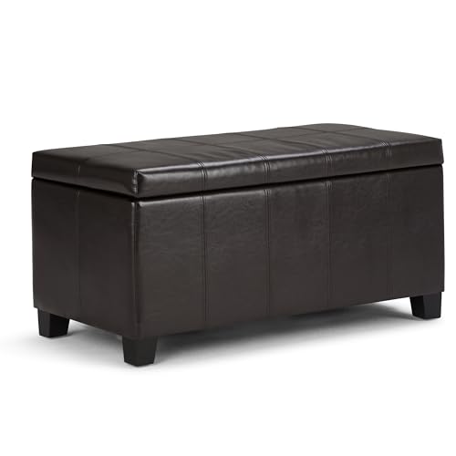 SIMPLIHOME Dover Storage Ottoman Bench - 36 inch Wide Upholstered Vegan Leather Rectangular Lift-Top Ottoman in Tanners 