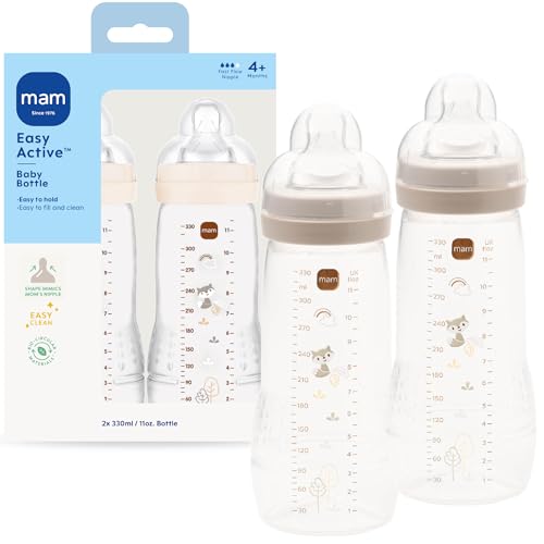 MAM Easy Active Baby Bottles 11oz, Fast Flow Skinsoft Silicone Nipple with Wide Neck Ergonomic Design, Easy to Hold, BPA-Free, Bottles with Leak-Proof Caps for 4+ Months Baby