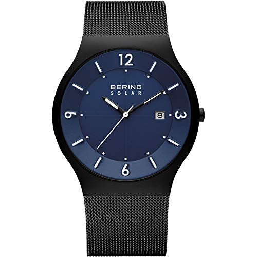 (-29%) BERING Herren Solar Uhr | Armbanduhr 40 mm schwarzes Edelstahlgehäuse und blaues Zifferblatt | Milanaisearmband | Saphierglas | 5 ATM | 14440-227