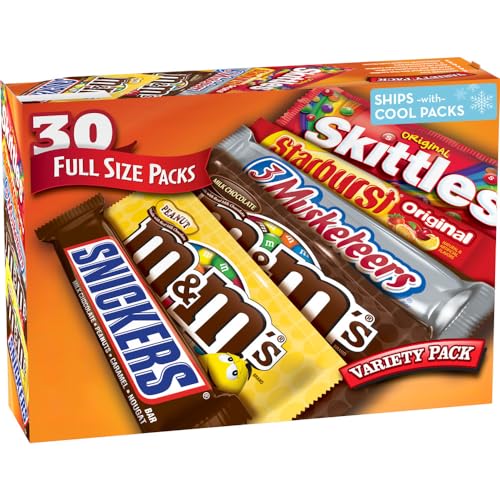 Mars M&M'S, SNICKERS, 3 MUSKETEERS, SKITTLES & STARBURST Variety Pack Full Size Bulk Candy Assortment, 56.11 oz, 30 Count