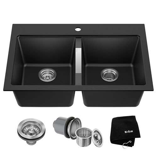 KRAUS Quarza 33-inch Drop-In/Undermount 50/50 Double Bowl Granite Kitchen Sink in Black Onyx, KGD-433B