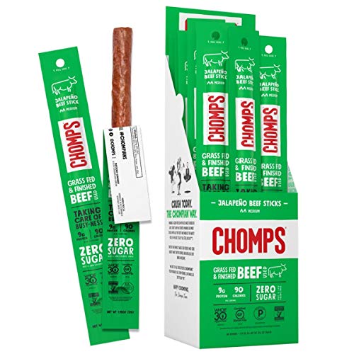 Chomps Grass-Fed and Finished Jalapeño Beef Jerky Snack Sticks 24-Pack - Keto, Paleo, Whole30, 10g Lean Meat Protein, Gluten-Free, Zero Sugar Food, Non-GMO