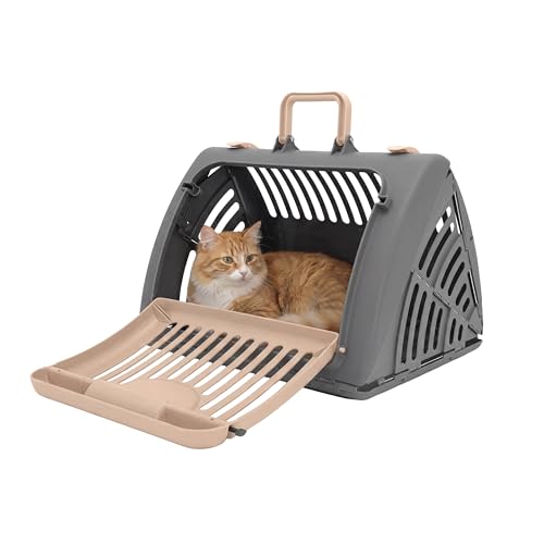 SportPet Large Hard-Sided Carrier SportPet LARGE Hard-Sided Travel Cat Carrier - Cat Carrier with Patented Wide Side-Opening Door, Foldable Portable Pet Carrier with Removable Bed for Cats & Small Pets up to 25lbs - Gray/Tan