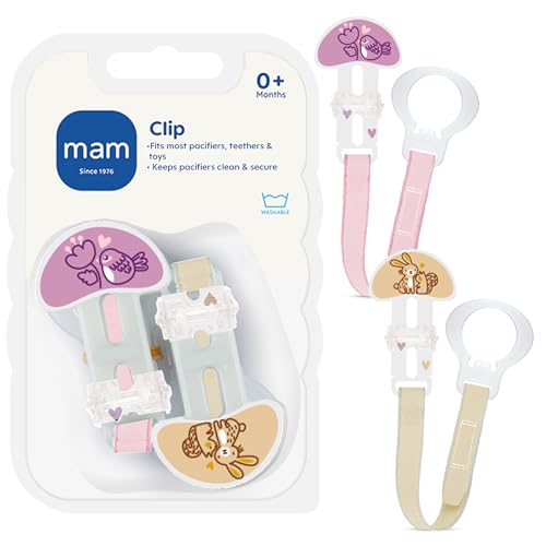 MAM Pacifier Clips for Baby Girls with Fasteners and Flexible Rings, Designs May Vary, 2 Count