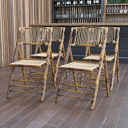 Flash Furniture Folding Bohemian Bamboo Chairs with Curved Backs, Modern Bamboo Folding Dining Chairs, 300 lb. Static Weight Capacity, Set of 4