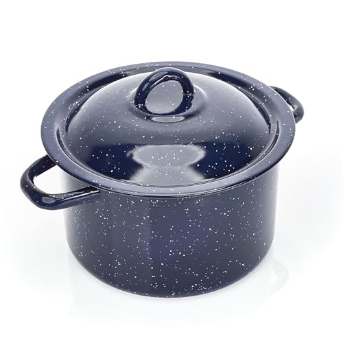 IMUSA 6Qt Blue Speckled Enamel Stock Pot with Lid, Traditional Mexican Enamel Cookware for Everyday Cooking and Kitchen Use