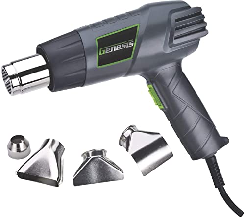 Genesis GHG1500A Dual Temperature Heat Gun Kit With Fast Heat High And Low Settings 572F/1000F, Air Reduction Nozzle, Re
