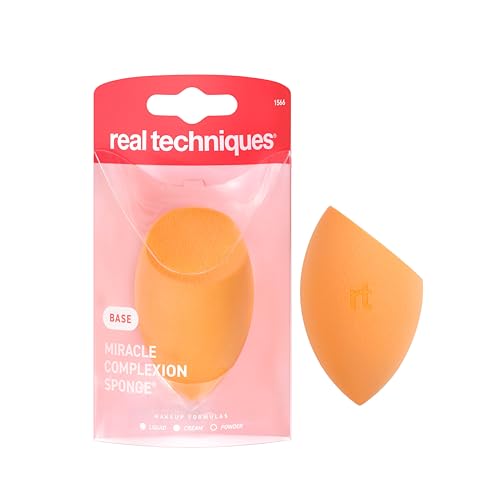 Real Techniques Miracle Complexion Sponge, Makeup Blending Sponge, For Liquid & Cream Foundation, Offers Light To Medium Coverage, Natural, Dewy Makeup, Orange Sponge, Latex-Free Foam, 1 Count