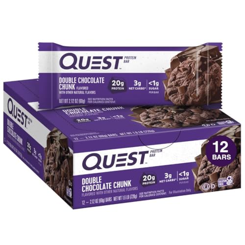 Quest Nutrition Double Chocolate Chunk Protein Bars, 20g Protein Bars, 1g Sugar, 4g Net Carb, Gluten Free, Keto Friendly, 12 Count